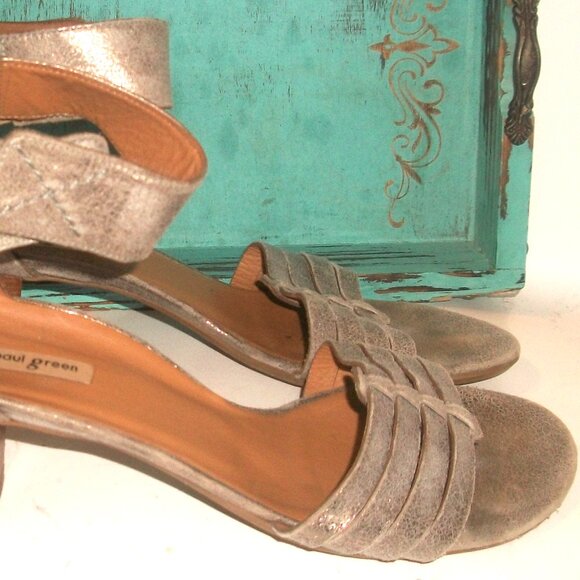 Paul Green Gold-Flecked Taupe Leather Low Heel Ankle Strap Sandals 9.5M - Picture 4 of 9